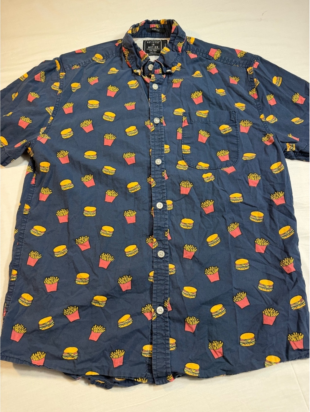 Artistry in Motion Short Sleeve Button-Up Shirt with Burger and Fries Print